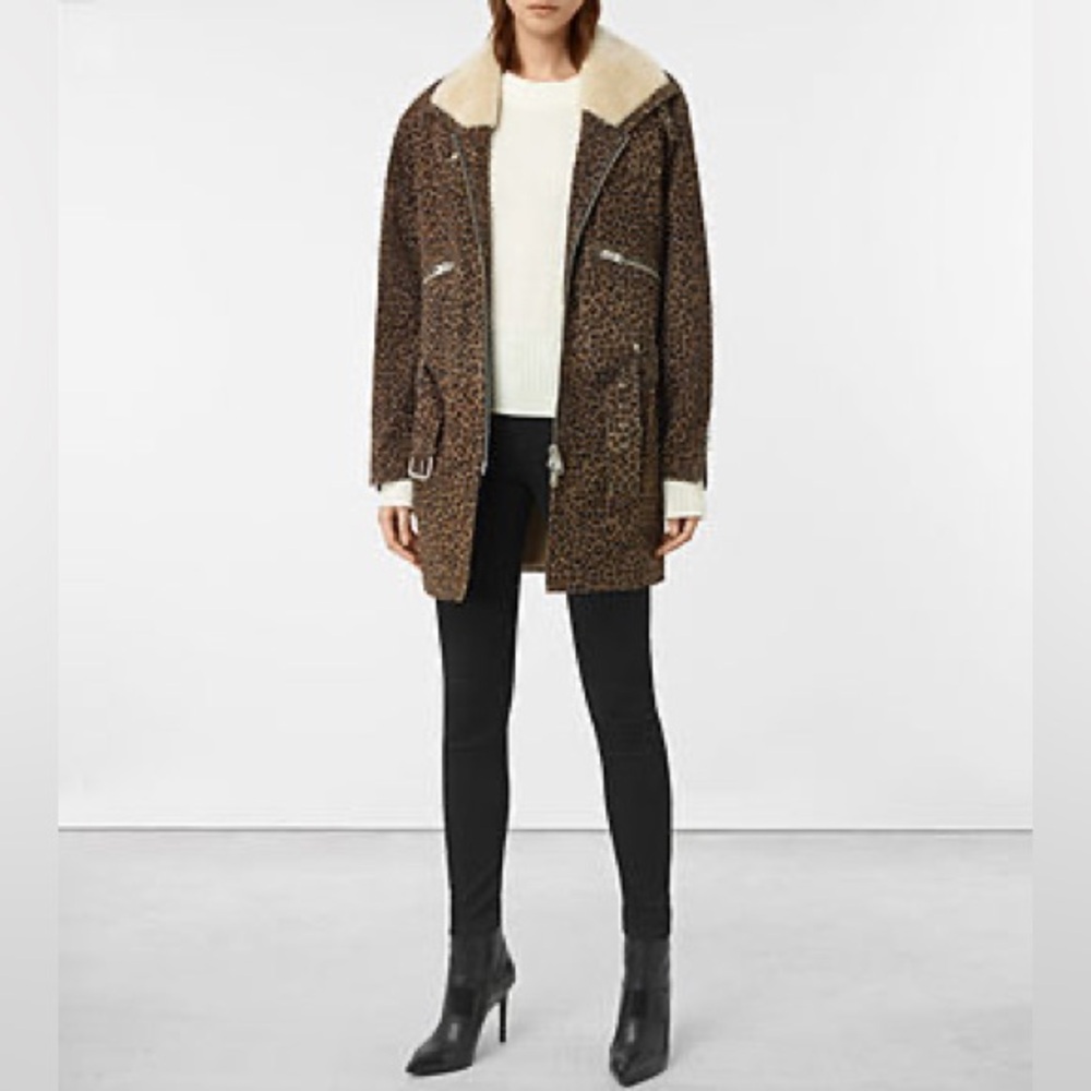 All Saints Collins Shearling Lined Leopard Nubuck Leather Jacket Size S/M 6